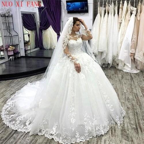 NUOXIFANG Elegant Long Sleeves Plus Size Wedding Dress White Robe De Mariee 2020 Appliques Lace Bridal Gowns Vestido De Novias