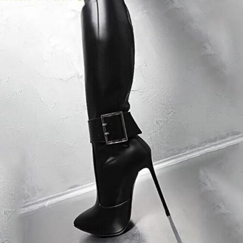 Sexy Pointy Toe Buckle Knee High Boots Black Leather Stiletto Heels Dress Shoes Plus Size High Heel Tall Boots Drop Ship