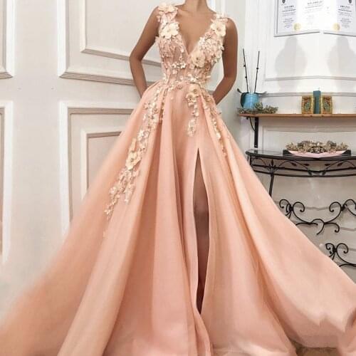 Prom Dress Long V-Neck Appliques with Flowers Handmade Side Split Tulle Formal Evening Gowns Girl Party Dress Graduations