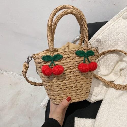 Popular straw woven cherry female bag 2021 new fashion rattan woven messenger bucket bag