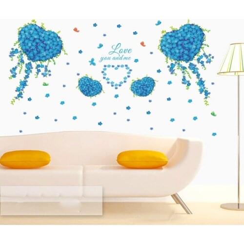 Romantic Bule Flowers Butterfly Wall Art Mural Sticker Home Decor Wallpaper Graphic Poster Love you and Me Wall Quote Decal