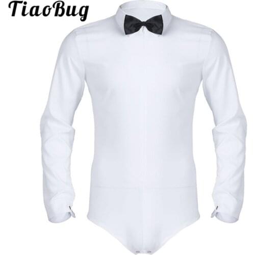 TiaoBug Men Long Sleeve Zipper Solid Color Latin Modern Dance Shirt with Bowtie Romper Shirt Sexy Male Lyrical Dance Costumes