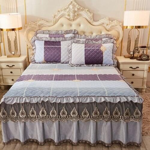 Thickened warm crystal velvet Quilting with cotton Bed spread Fitted Sheet Pillowcases 2/3 pcs Luxury Lace princess Bedding