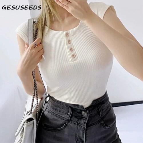 Vintage t shirt women summer ribbed top short sleeve o neck shirts solid slim t shirt korean cropped tees button up top beige