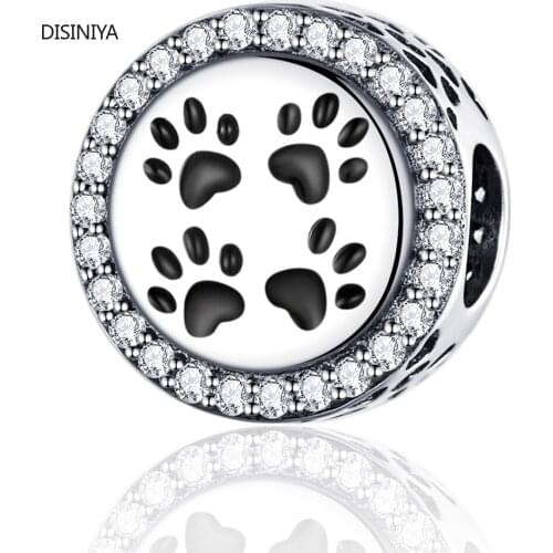 DISINIYA Pure 925 Sterling Silver Cat Paw Footprints Round Beads for Women Charm Bracelet Animal Pet Fine Jewelry ZSCC331186