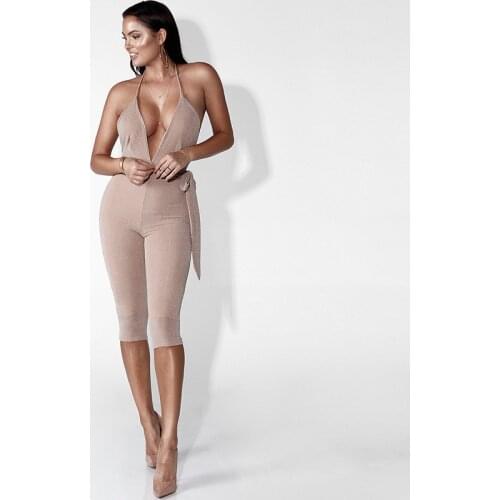 V Neck Sleeveless Skinny Bodycon Sexy Party Women Summer Sling Gold Wire Girdle Jumpsuits Casual Playsuits