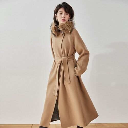 21 autumn and winter type A mid-length fur collar loose fashion temperament lace double-sided woolen cashmere coat women