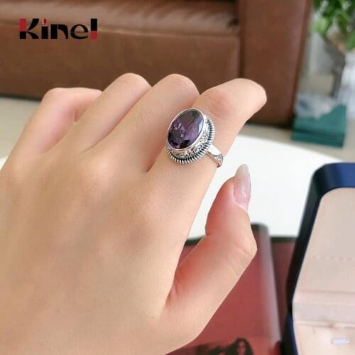 Kinel Real 925 Sterling Silver Natural Purple Crystal Vintage Adjustable Ring Fine Jewelry For Women Party Palace Accessories