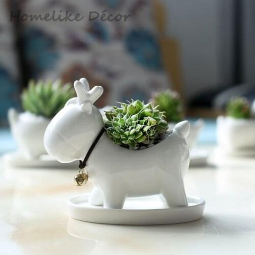 1 Reindeer shaped ceramic flowerpot Mini porcelain flower pot with tray Animal plant pot for Desktop, Home Garden decoration