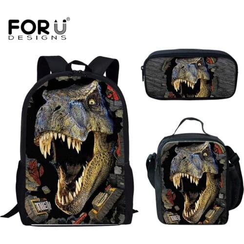 FORUDESIGNS 3Pcs Dinosaur 3D Printing School Bags for Boys Large Capacity Student Backpack Casual Campus Bags and Lunch Pen Bags