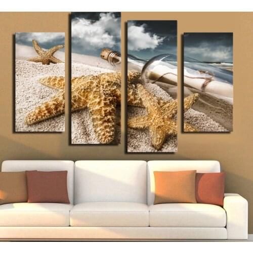 4 PCS Waterfall among Glass bottle and Yellow sea star Decorative Painting, Oil Painting,Wall Painting,Canvas Prints for Home