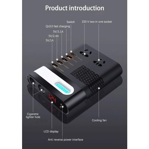 Car Power Inverter 200W DC 12V/24V to AC 220V 3.1AVoltage Converter Short Circuit Automatic Protection QC 3.0 USB Charger