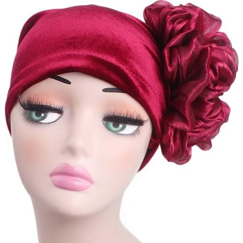 Velvet Vintage Big flower beanie Turban Women Muslim Islamic Turbantes Cap