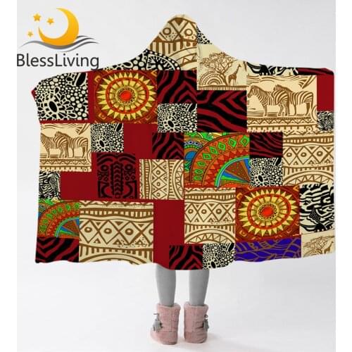 BlessLiving Ethnic Hooded Blanket African Animal Microfiber Blanket Geometric Patchwork Wearable Blanket Zebra Giraffe Manta