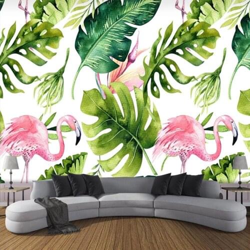 Custom Mural Hand Painted Watercolor Green Leaf Flamingo Living Room Sofa TV Background Photo Wallpaper For Bedroom Walls 3 D