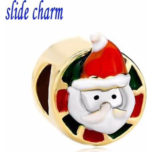 Slide charm The new popular gold jewelry Santa Claus charm beads fit Pandora bracelet free shipping