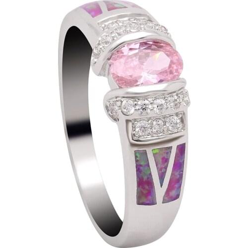 Hainon Fashion Pink Fire Opal Ring Jewelry Silver Color with Cubic Zircon For Women Crystal Lover Promises Wedding Rings Jewelry