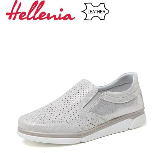 Hellenia shoes woman spring summer flat shoe slip-on side goring super light genuine leather round toe casual sneaker women shoe