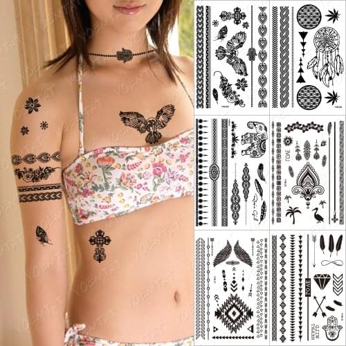 Indian Arabic Black Lace Tattoo Sticker Necklace Flower Temporary waterproof Tatoo Sticker Body Art Paint For Wedding Bride
