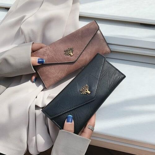 Korean 3 Fold Long Wallet Womens Buckle Clutch Splice Little Tree Envelope Hand Clutch Bags Card Holder Girls Wallets Purse