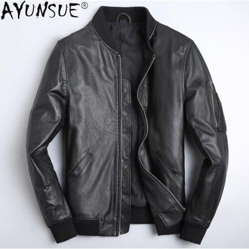 AYUNSUE Men Clothing 2020 New Mens Genuine Leather Jacket 100% Cowhide Jackets Real Sheepskin Leather Coat Outwear Ropa LXR339