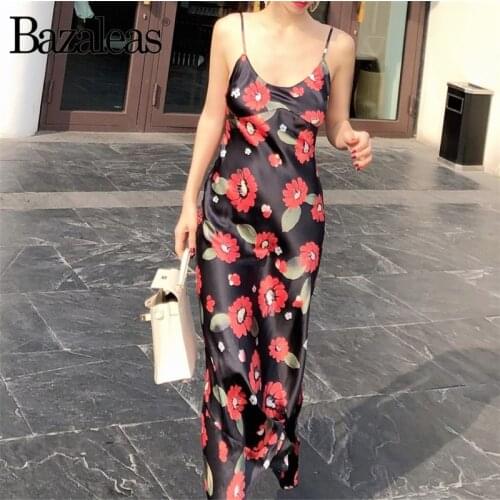 Bazaleas 2019 Fashion Summer Dress Floral bellissima Print Adjustable back straps vestidos Slim Midi Dress Casual