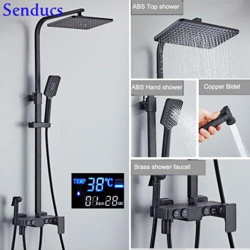 Matte Black Hot Cold Thermostatic Digital Bathroom Shower Set of 4 Modes Round Button Brass Shower Head Copper Bath Bidet