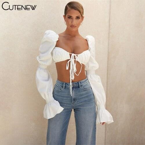 Cutenew Autumn Sexy Hollow Out Puff Sleeve Women Ultrashort T-Shirt 2021 New Elegant Casual Streetwear Solid White Lace Lady Tee