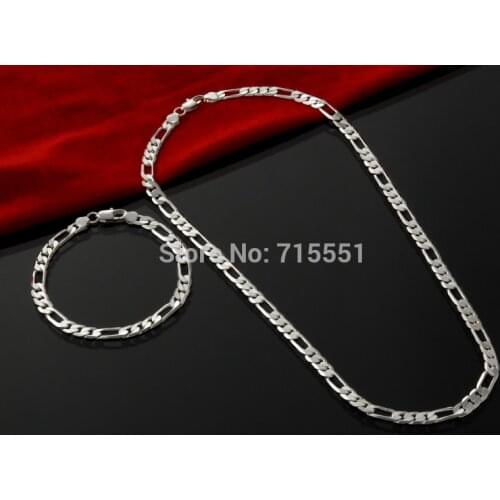 4MM mens chain sets, trendy Jewelry, fashion jewelry silver plated necklace, bracelet Sets for men