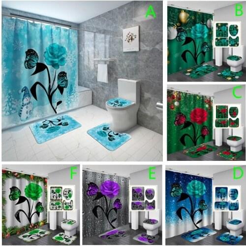 Home Decor Waterproof Shower Curtain Set with 12 Hooks Toilet Covers Bath Mat Bathroom Non-slip Rug Polyester Fabric Washable