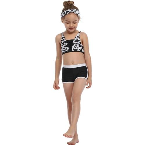 2021 Summer New Children Three-piece Swimsuit Milk Pattern Printing Knotted Hair Accessory Bikinis Set