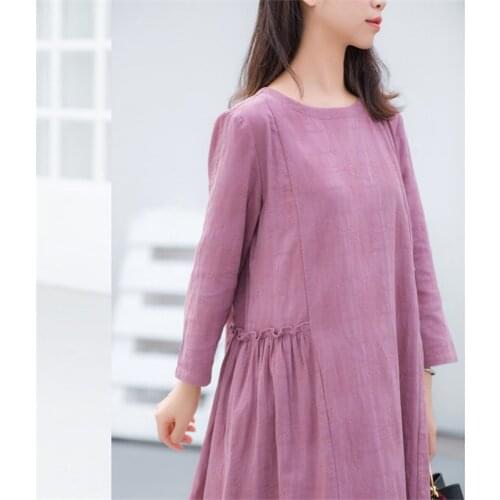SCUWLINEN 2020 Spring Autumn Women Dress O-neck Jacquard Ruffled Pleated Long-sleeve Long Irregular Hem Casual Cotton Dress S786
