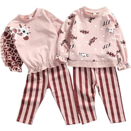 1-5Years Toddler Baby Girl 2 Pcs Casual Outfits Giraffe/Candy Print Long Sleeve Pullover Striped Pants