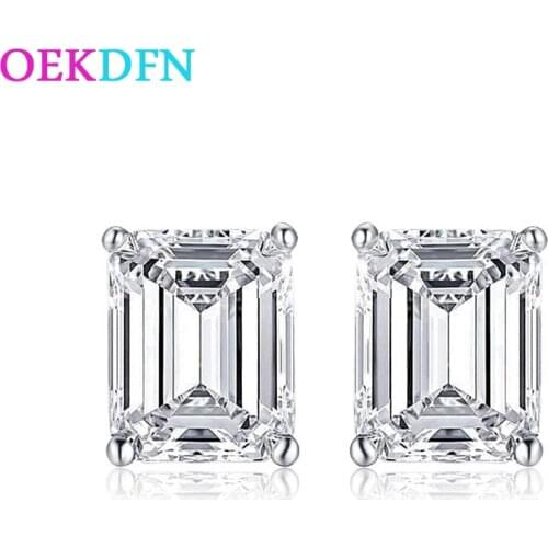 OEKDFN Real 925 Sterling Silver Earrings Emerald Cut Created Moissanite Gemstone White Gold Ear Studs Engagement Fine Jewelry