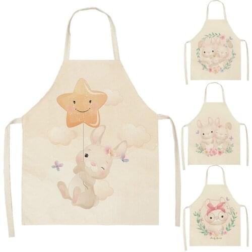 Cute Rabbit Cotton Linen Sleeveless Aprons Kitchen Women Pinafore Home Cooking Baking Waist Bib 66x47cm