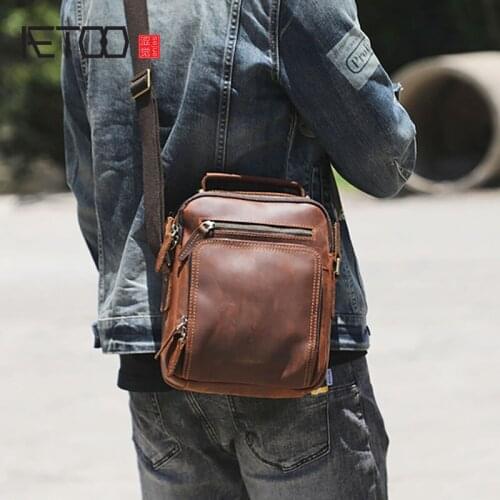 AETOO Cowhide mens handbag, crazy horse leather retro shoulder bag, casual business messenger bag