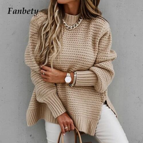 Autumn Winter Elegant Ribbed Slit Sweaters Vintage Solid Lantern Sleeve Women Pullover Tops Casual Knitted O Neck Sweater Jumper