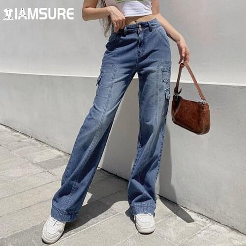 IAMSURE Loose Pockets Jeans High Waisted Cargo Pants Casual Streetwear Denim Wide Leg Pants Cool Patchwork WomenS Trousers 2021