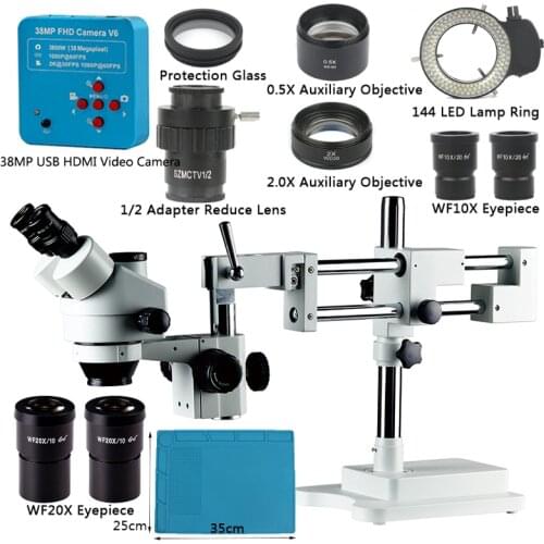 Double Boom Stand Zoom Simul Focal 3.5X 7X 45X 90X Trinocular Stereo Microscope+38MP Camera Microscope For Industrial PCB Repair