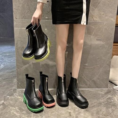 YSHUNIJ Shoes Autumn and Winter 2021 New Thick-soled Boots with Round Head and Front Zipper Chelsea Soft Leather Chimney Boots
