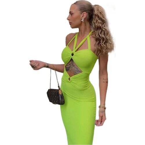 XLLAIS Women Solid Color Sexy Robe Sleeveless Buttons Fashion Ring Design Vestidos Halter Bandage Party Club Maxi Dress
