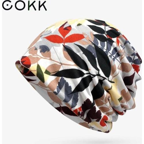 COKK Cotton Beanie Spring Summer Hat Women Flower Print Thin Beanie Elastic Fashion Headgear Collar Bonnet Gorro Baggy Cap New