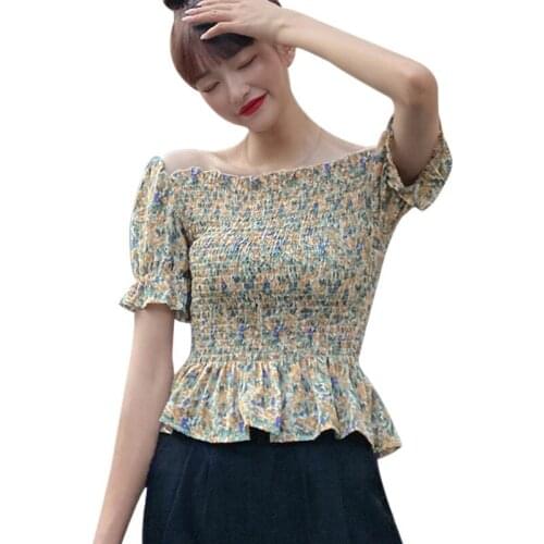Summer Chiffon Shirt For Women Sweet Floral Print Casual Tops Trendy Slim Slash Neck Short Sleeve Blouse Tops