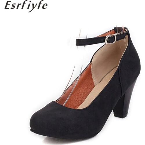 ESRFIYFE 2020 New Fashion Large Size 34-48 Block Heels Shoes Woman Buckle Pumps Black Mary Jane Shoes Ladies Wedding Party Shoes