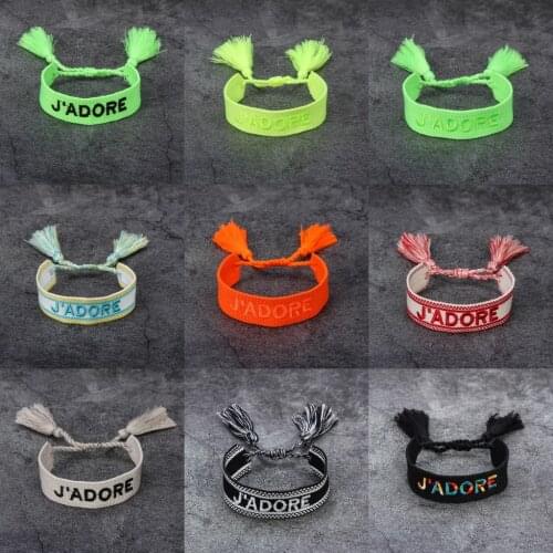 Women Letter LOVE J'ADORE Braided Tassel Bracelet Handmade Embroidery Rope Bracelets for Women Vintage Fashion Wide Cuff Jewelry