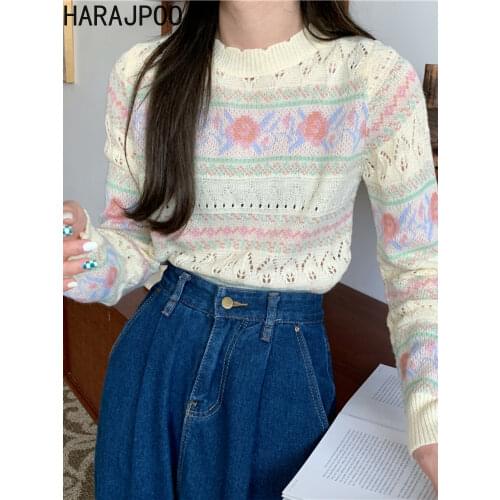 Harajpoo Sweaters Women Design Sense Hollow Round Neck Long Sleeve 2021 Fall New Korean Loose Printing Thin All Match Pullover
