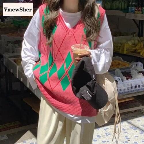 VmewSher New Spring Autumn Knitted Sweater Women Sleeveless V-Neck Casual Vest Top 2021 Vintage Geometric Argyle Office Pullover