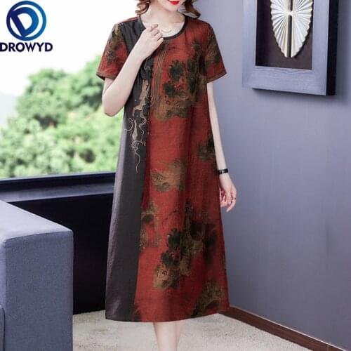 Women Vintage Print Mulberry Silk Satin Midi Dress 2021 Summer Casual Loose O-neck Maxi Dresses Elegant Bodycon Party Vestidos