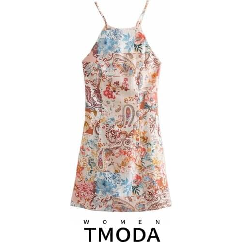 TMODA1651 Za 2021 Summer Women Halter Floral Print Slip Mini Dress Female Vintage Backless Sleeveless Sexy Short Dresses