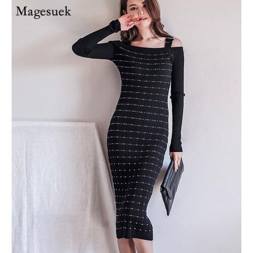 New Off Shoulder Spring Summer Sexy Dress Women Knitted Long Sleeve Black White Dress Bodycon Midi Female Dresses Vestidos 12925